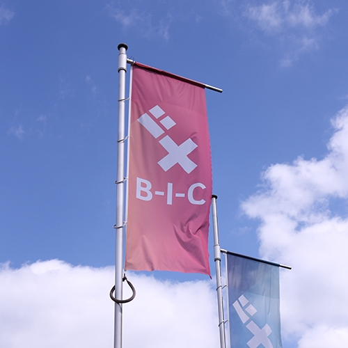 Flaggen des B-I-C vor dem Gebäude in der Herrmann-Köhl-Strasse