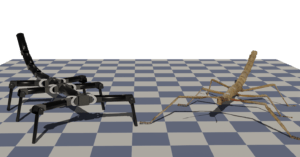 Gegenüberstellendes Rendering eines Stabheuschrecke mit einem robotischen Modell.