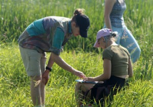 Bionik Studierende auf der Wiese während einer Exkursion. Eine Studentin sitzt im Gras und hat ein Klemmbrett auf den Knien, ein weiterer Student beugt sich zu ihr runter und beide schauen auf das Klemmbrett.