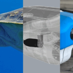 Links: Hinterflossen und Schwanz einer Seeschildkröte im Meer, Mitte: Computermodel eines Objekts mit Ähnlichkeit zur Schildkröte, Rechts: Vorderteil eines Unterwasserroboters, der in seiner Umströmung einer Schildkröte nachempfunden ist.