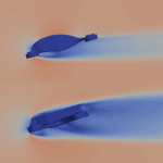 Bild der Simulation einer Anströmung von zwei unterschiedlichen Körpern.