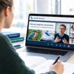 Frau sitzt mit Notizbuch vor Laptop. Auf dem Laptop läuft ein Online Seminar zum Thema Bionik.